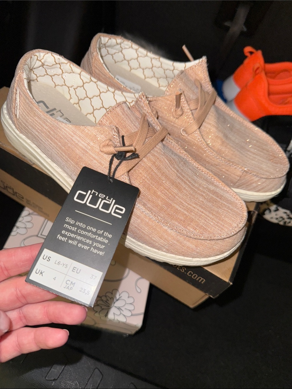 Hey Dude Slip-On Sneakers in Blush Peach with Metallic Thread